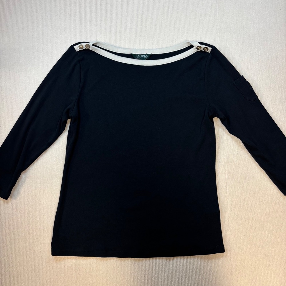 Lauren Ralph Lauren Black Boat Neck Top Cotton Gold Button Nautical Large